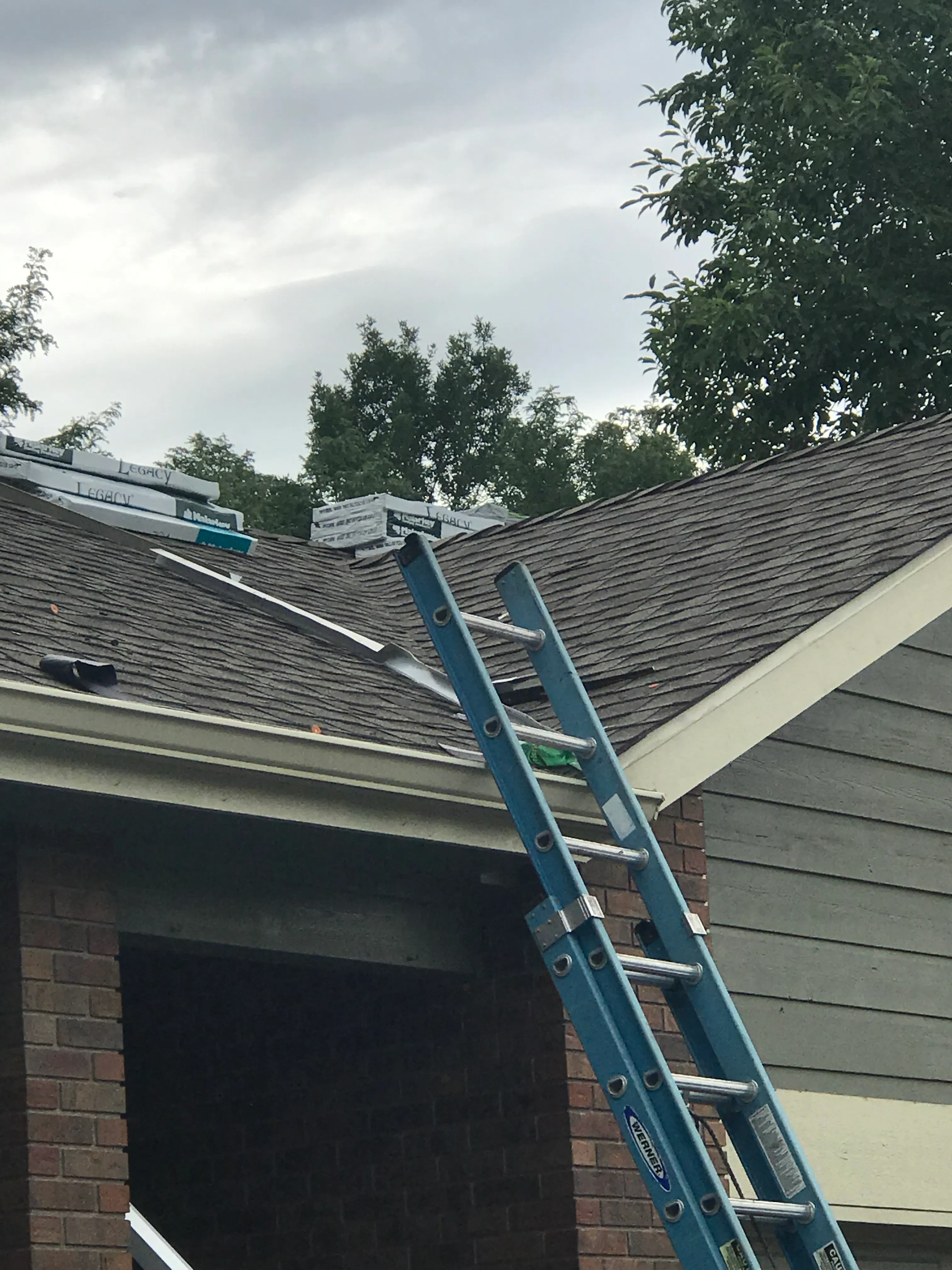 Ladder leaning on roof.